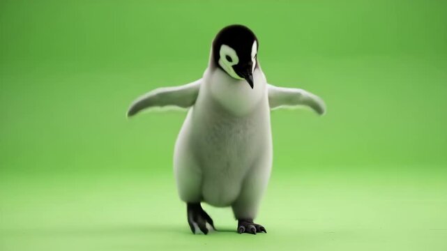 A charming, animated penguin chick takes a playful step against a bright green backdrop.
