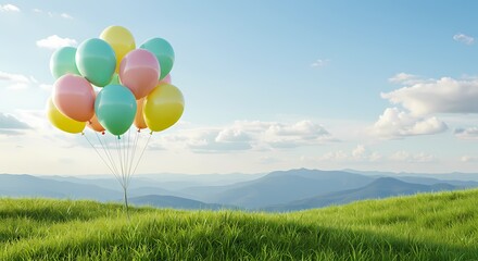 Fototapeta premium Colorful balloons floating above green grass landscape under blue sky 