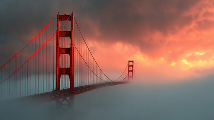 golden gate bridge, background with foggy morning, dramatic mood