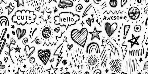 Whimsical hand drawn doodle pattern with hearts stars rainbows and inspirational words