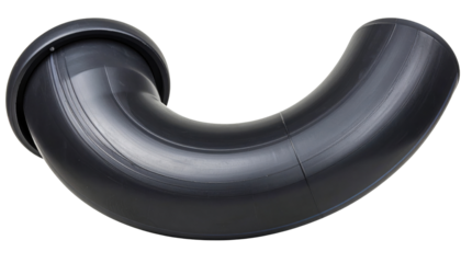 Black curved PVC elbow pipe with flange and smooth finish - a plumbing drainage fitting.
