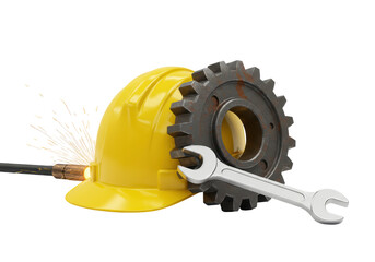 Fototapeta premium Isolated under construction concept still life with yellow hardhat and welding torch
