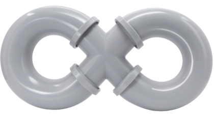 Glossy white PVC pipe assembly shaped like an infinity symbol with curved tubular connectors and visible flange joints.