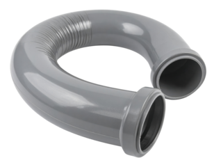 Gray U-shaped flexible plumbing trap pipe with a ribbed bend and socketed ends for sink drainage.
