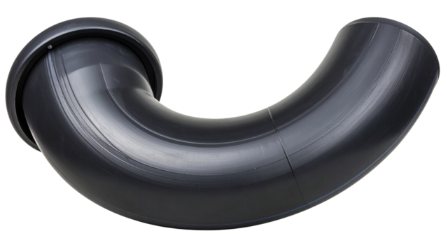 Black curved PVC elbow pipe with flange and smooth finish - a plumbing drainage fitting.