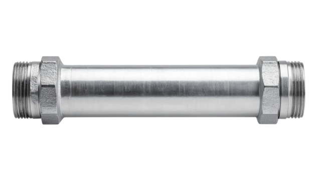 Polished stainless steel threaded pipe coupling with hex nuts on both ends