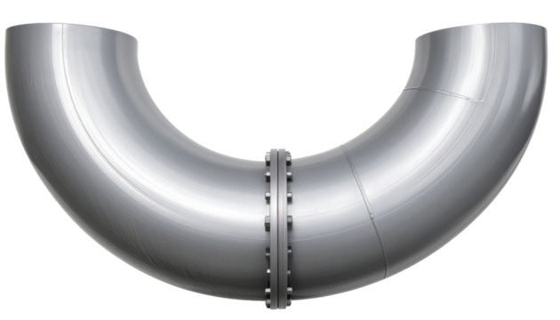 Polished stainless steel 180-degree pipe elbow with bolted flange and welded joints.
