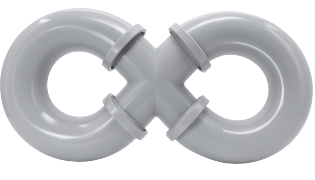 Glossy white PVC pipe assembly shaped like an infinity symbol with curved tubular connectors and visible flange joints.
