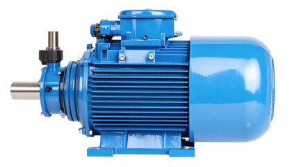Blue industrial electric motor with cooling fins, mounting feet and an exposed output shaft for heavy-duty mechanical drives.