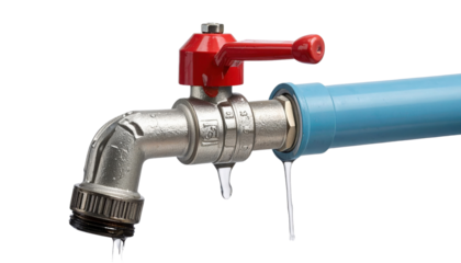 A chrome metal faucet with a red lever handle attached to a blue pipe, releasing two visible water drips.