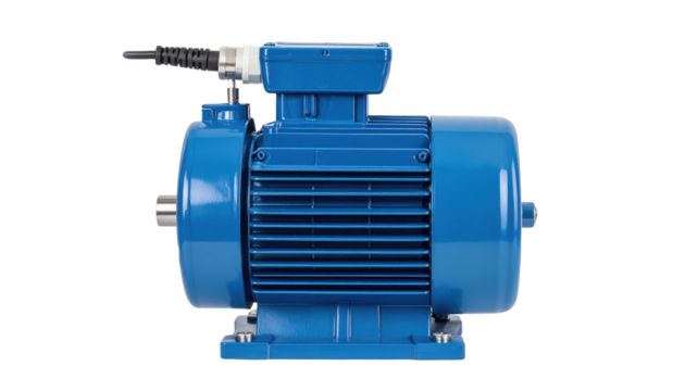 Blue industrial electric motor with finned housing, terminal box, and a protruding drive shaft.