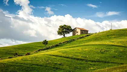Obraz premium House on a Green Hill Under a Blue Sky.