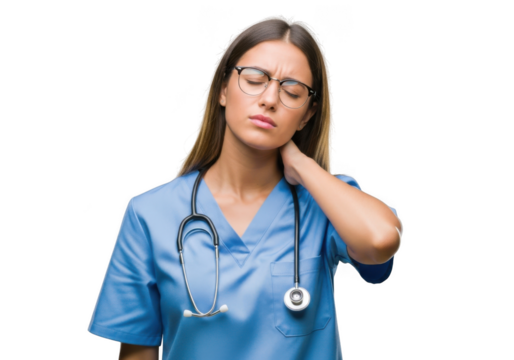 Young female doctor or nurse experiencing neck pain and discomfort while wearing scrubs and stethoscope, isolated on transparent background