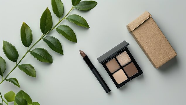 Eco-friendly makeup palette and brush, gift box, leaves, flatlay