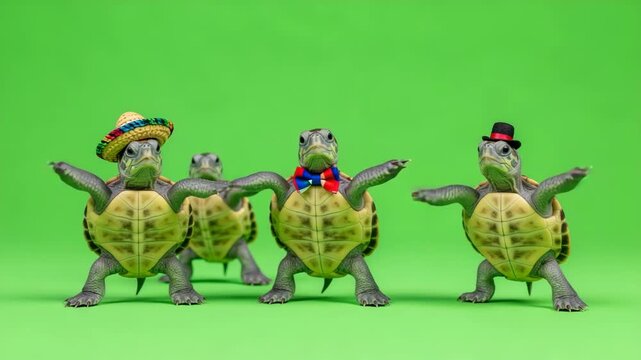Four tiny turtles, dressed in festive attire, dance playfully against a vibrant green backdrop.