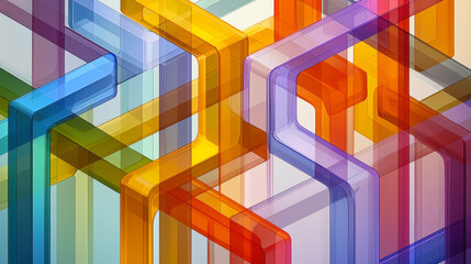 Colorful transparent polygonal layers create vibrant abstract design, showcasing blend of geometric shapes and hues that evoke sense of modernity and creativity