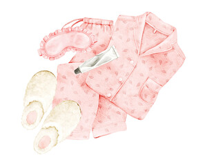 Watercolor illustration of pink pajamas with cream jar, sleep mask and slippers, isolated clipart. Perfect for bedtime routine, self-care planners, cozy lifestyle blogs, wellness guides and branding.