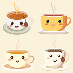Kawaii Tea and Coffee Cups Vector – Cute Cartoon Hot Drink Characters with Smiling Faces