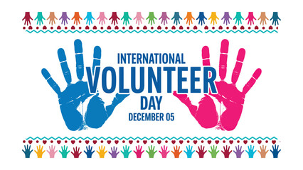 International volunteer day banner with colorful hands and celebration design