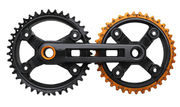 Two interconnected gears, black and orange