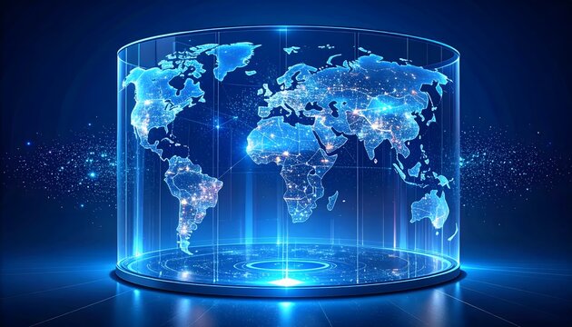 Ultra-Photorealistic Holographic World Map Projection Inside Transparent Glass Cylinder with Accurate Cartographic Detail, Glowing City Nodes, and Futuristic Digital Network on Dark Void Background