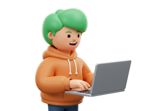 Isolated 3D cartoon man working on laptop computer, remote work, freelancer concept