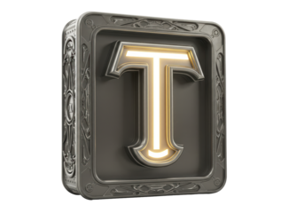 Isolated Illuminated Letter T with Intricate Art Deco Frame, Rendered for Logo, Branding, Design