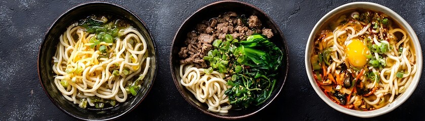 Three bowls of various noodle soups, showcasing diverse ingredients.
