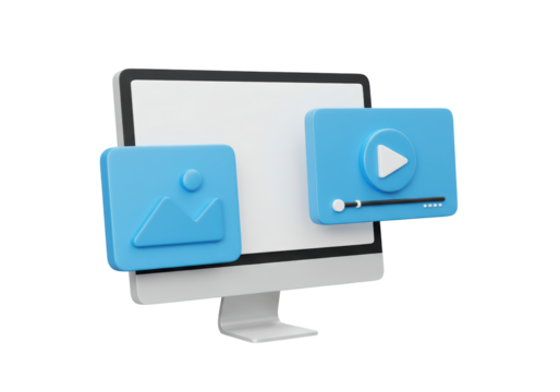 Isolated monitor with photo and video thumbnails representing multimedia content design