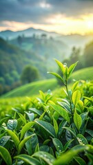 Fototapeta premium Dense green tea bushes in morning mist with dew drops glistening on leaves and stems