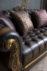 Ornate leather sofa with decorative gold accents.