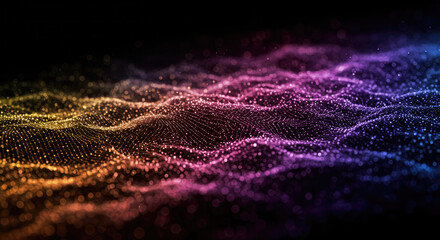 A dynamic display of interconnected particles creates a mesmerizing, textured surface in a range of glowing hues against a dark background.