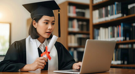 A young female graduate in cap and gown holds her diploma while looking at a laptop, possibly attending a virtual graduation or job interview. This image symbolizes academic achievement, online educat