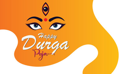 Happy Durga Puja festival greeting card. Creative illustration of goddess Durga eyes with orange background, featuring festive text .Happy Durga Puja Festival Celebration Background. 