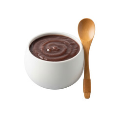 A matte white ceramic bowl of glossy reddish-brown anko with a wooden spoon on a seamless transparent background, macro shot from 45-degree angle with bright studio lighting, concept for dessert