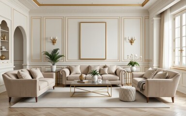Elegant living room with neutral tones and modern decor.