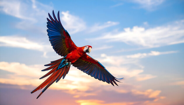 Red And Blue Macaw In Flight At Sunset