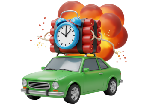 Isolated green compact car carrying a cartoon bomb with an alarm clock, stylized object