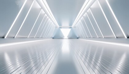 Obraz premium White background 3D room light abstract space technology tunnel stage floor. Empty white future 3D neon background studio futuristic corridor render modern interior silver road black wall design gray