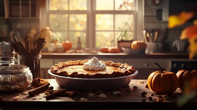 Freshly baked pumpkin pie with swirl of whipped cream on rustic wooden kitchen table surrounded by cinnamon sticks nuts mini pumpkins for Thanksgiving fall culinary holiday concept - Powered by Adobe