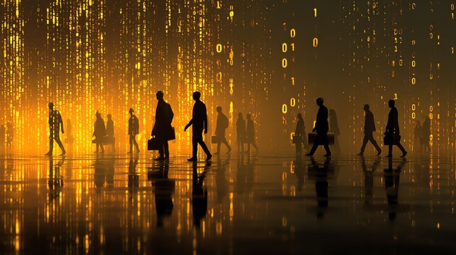 Business People Walking, Silhouettes, Golden Binary Code Background, Futuristic Cityscape