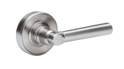 Door handle design featuring circular backplate and sleek lever form, brandless and precise, isolated on transparent background.
