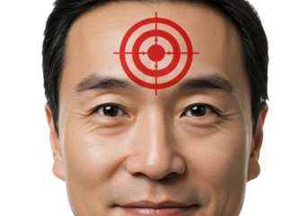 Isolated Middle-Aged Asian Man Targeted in Forehead, Concept for Vulnerability, Problematic Focus