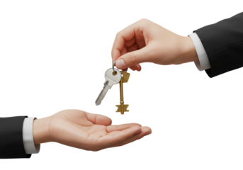 Isolated hands in suits passing keys to a home purchase or real estate investment deal