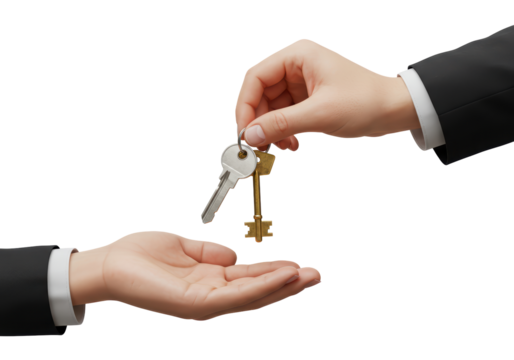 Isolated hands in suits passing keys to a home purchase or real estate investment deal