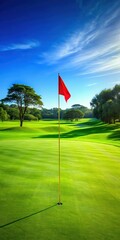 Green fairway with red flag marking out of bounds