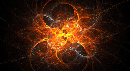 A vibrant fractal design bursts forth in a kaleidoscope of orange and white hues, centered on a dark background.