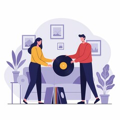 Couple selecting vinyl record together in cozy living room  