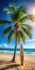 Surfboard resting under palm tree's shadow on sandy tropical beach