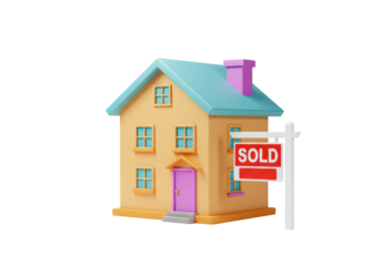 Isolated house with sold sign and blue roof for real estate purchase illustration